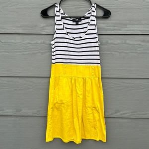 I.N San Francisco black and white striped, with yellow bottom dress.